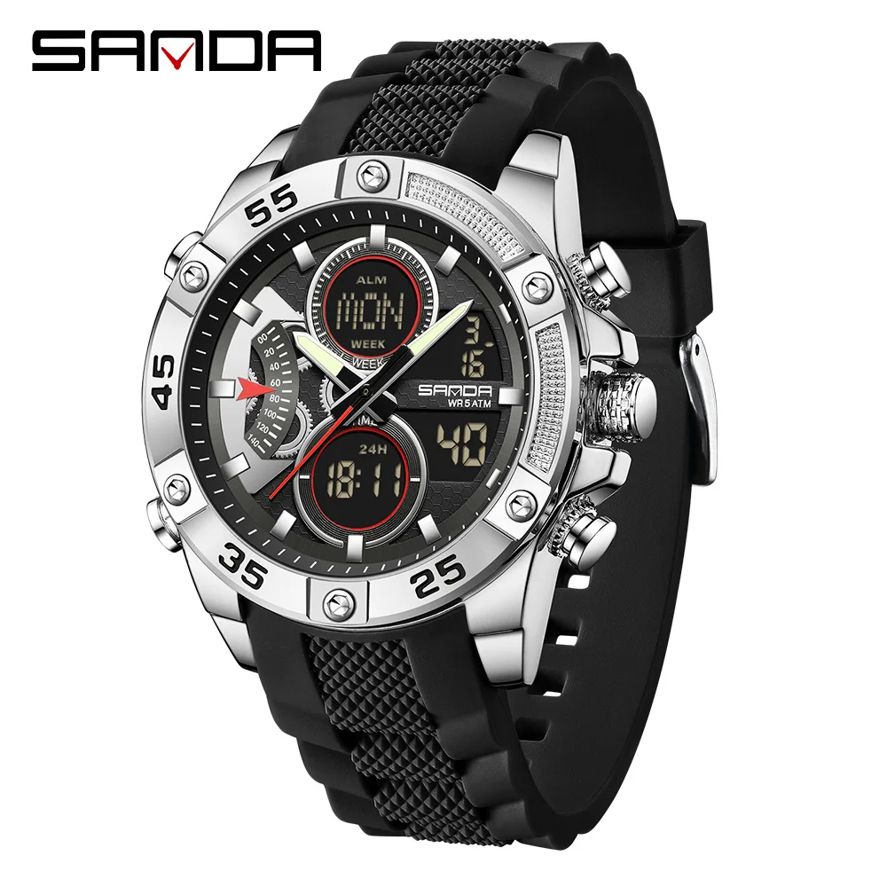 

Новые модные мужские электронные часы SANDA 5104, водонепроницаемые мужские электронные часы с двойным дисплеем и ночником обратного отсчета