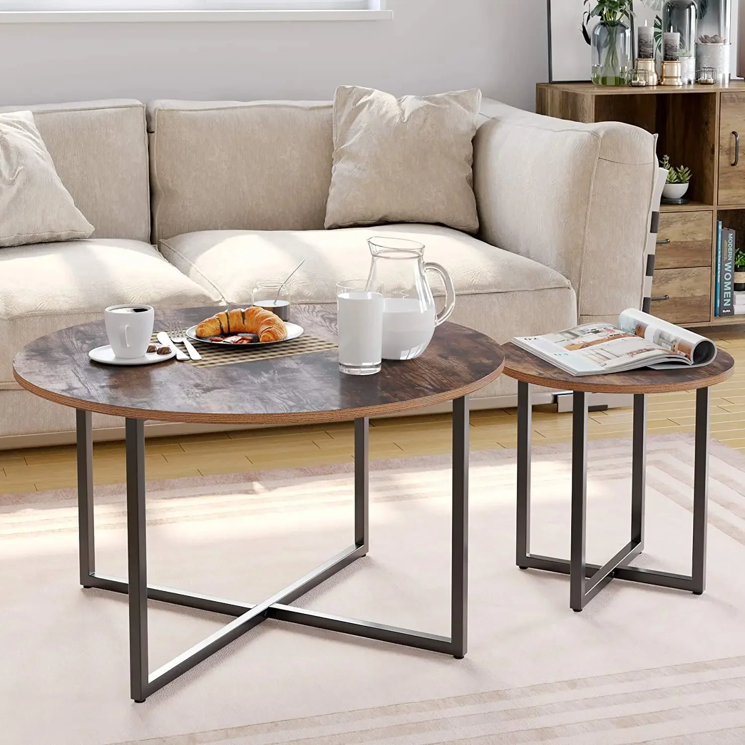 Homfa Round Coffee Table Wooden&Metal  for Living Room 2 in 1 Combination Cafe Table Easy Assembly Center Table