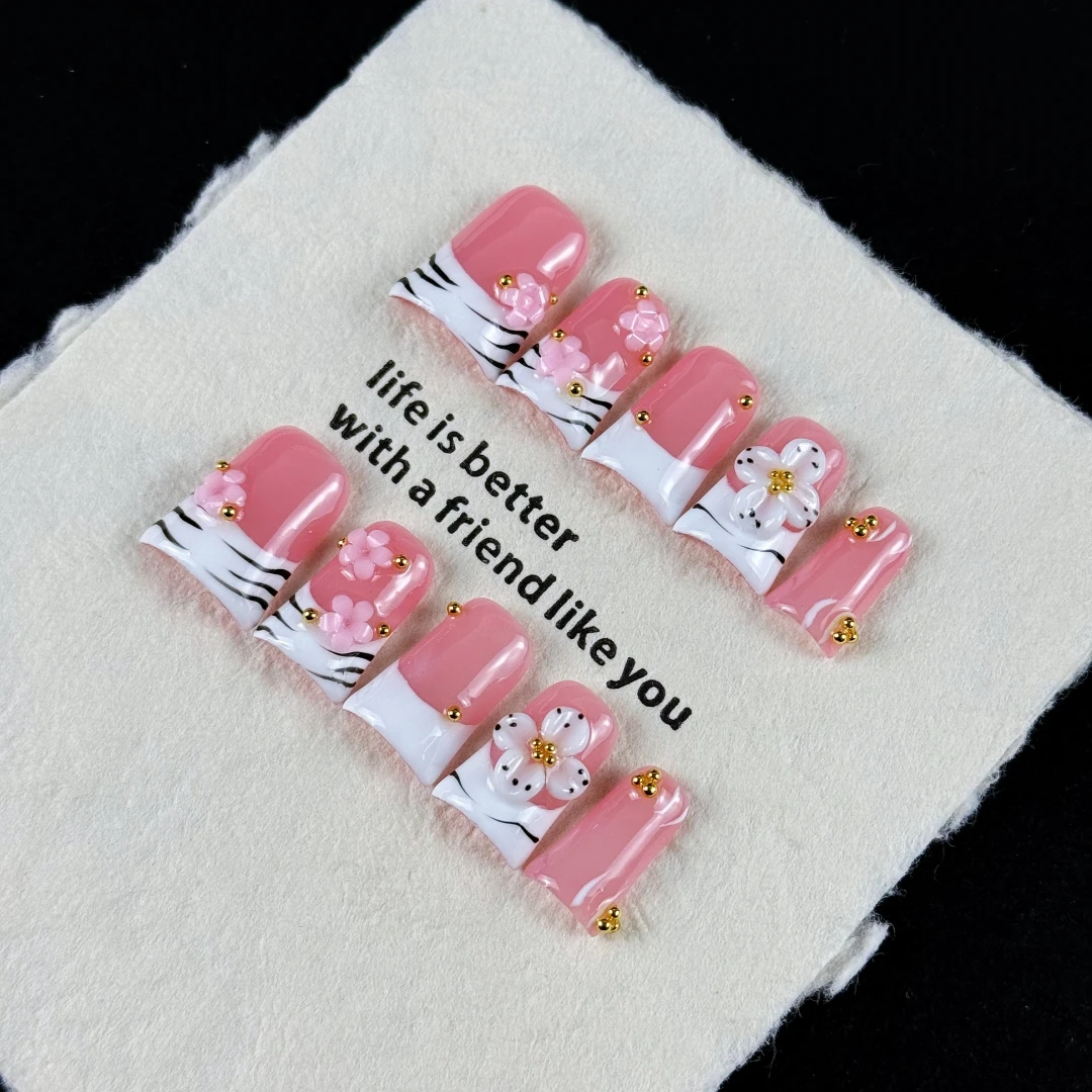 10 Stück Hochwertiger, eleganter Damenstil, handgemaltes Zebramuster, dreidimensionales Prägedesign, winzige glitzernde Goldperlen handgefertigt. – Detail 8