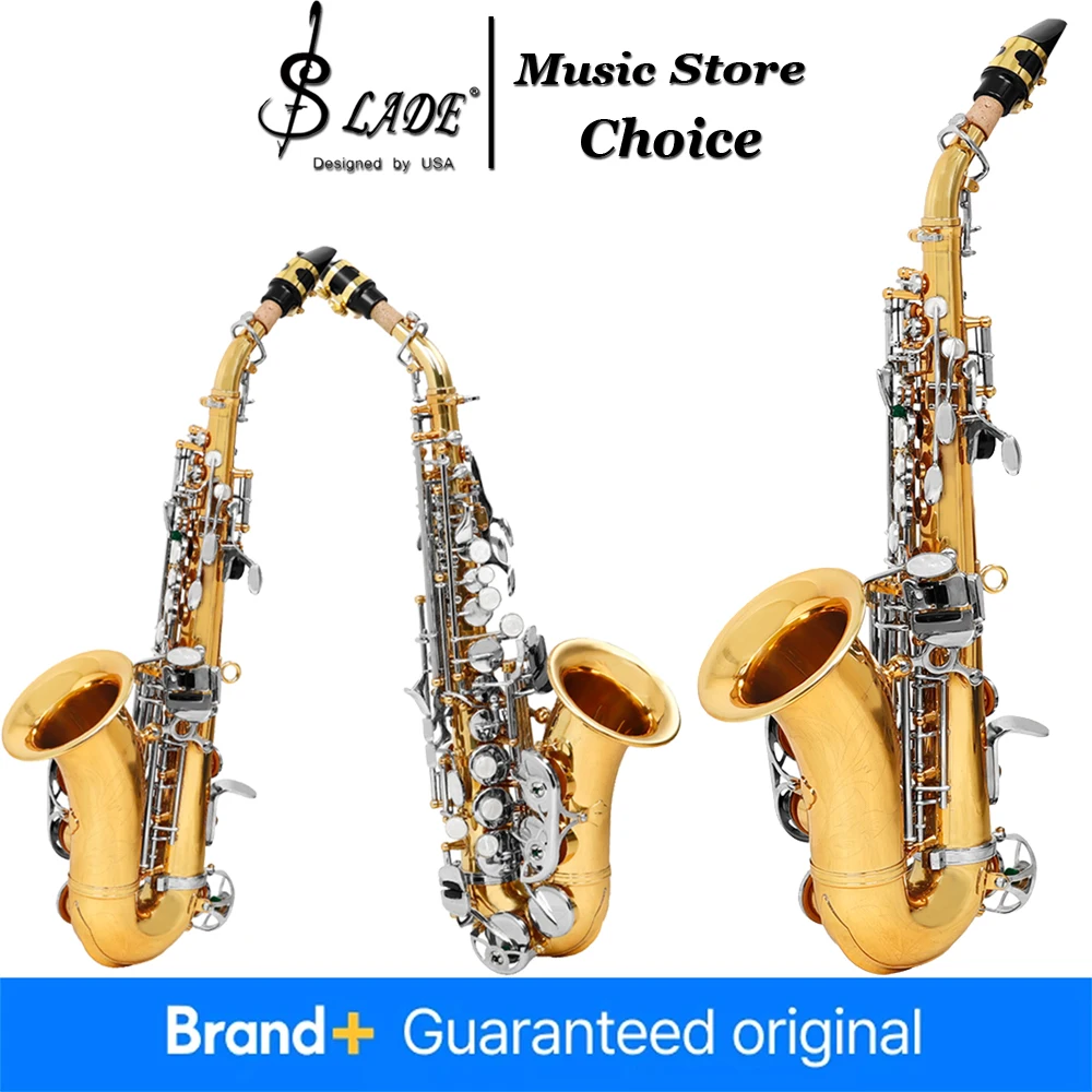 S79 Bb Soprano Saxophone Curved Brass Body with White Shell Keys Soprano Saxophone Ideal Choice for Beginner Exam Perform Kit