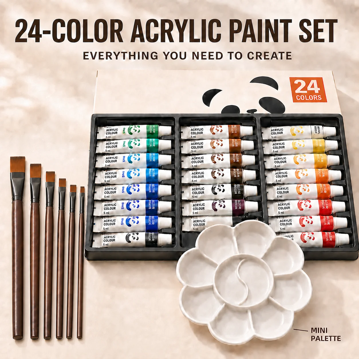 Acrylic Paint Set-5ml Per Tube, Including 6 Flat Paintbrushes&Mini Palette Acrylic Pigments for Paper Canvas Ceramics DIY Art