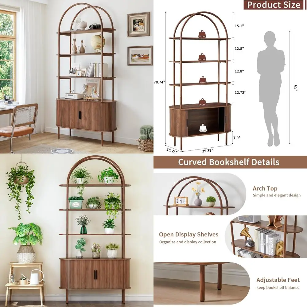 رف كتب حديث من منتصف القرن بطول 79 باب منزلق مع تصميم منحني وتخزين عرض مكون من 4 طبقات