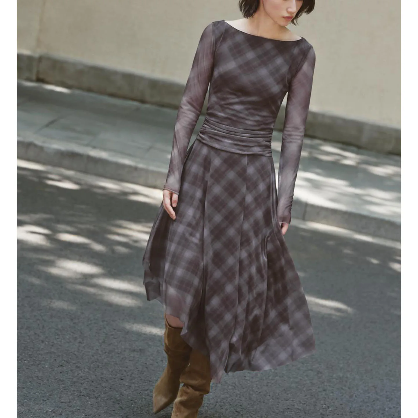 Outono feminino férias sle um ombro longo sve assimétrico em camadas xadrez rede de seda dr midi x versão solto ajuste