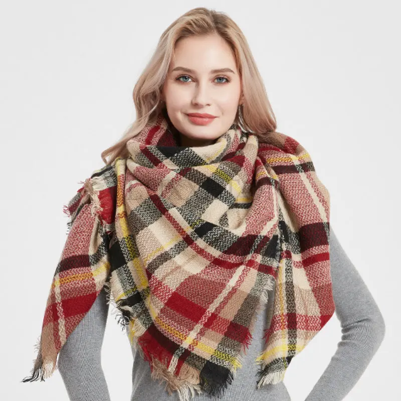 Women Knit Winter Scarf Square Cashmere Pashmina Female Plaid Warm Scarves Blanket Shawls Bandana Wraps