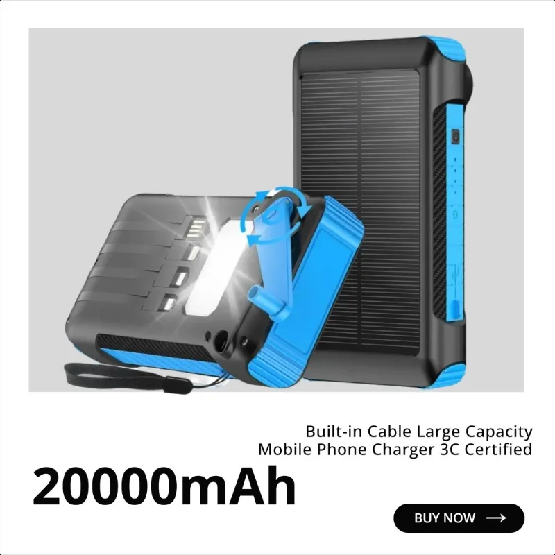 

Outdoor Portable Solar Hand-Cranked Power Bank with Built-in Cable Large Capacity Mobile Phone Charger 3C Certified
