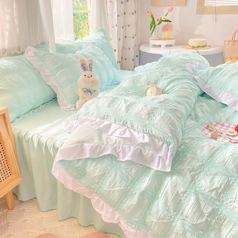 

Kawaii Princess Seersucker Bedding Set Luxury Solid Color Duvet Cover Bed Sheet Pillowcase Single Double Size For Girl Decor