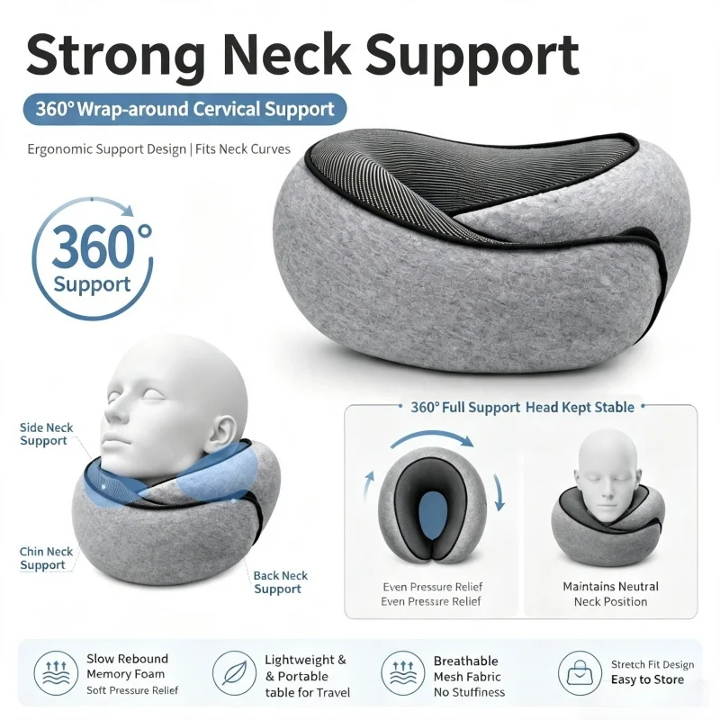 Portable Travel Neck Pillow Memory Foam U-shaped Pillow Snail-Shaped Travel Neck Support Nap Pillow Adjustable Airplane Pillow