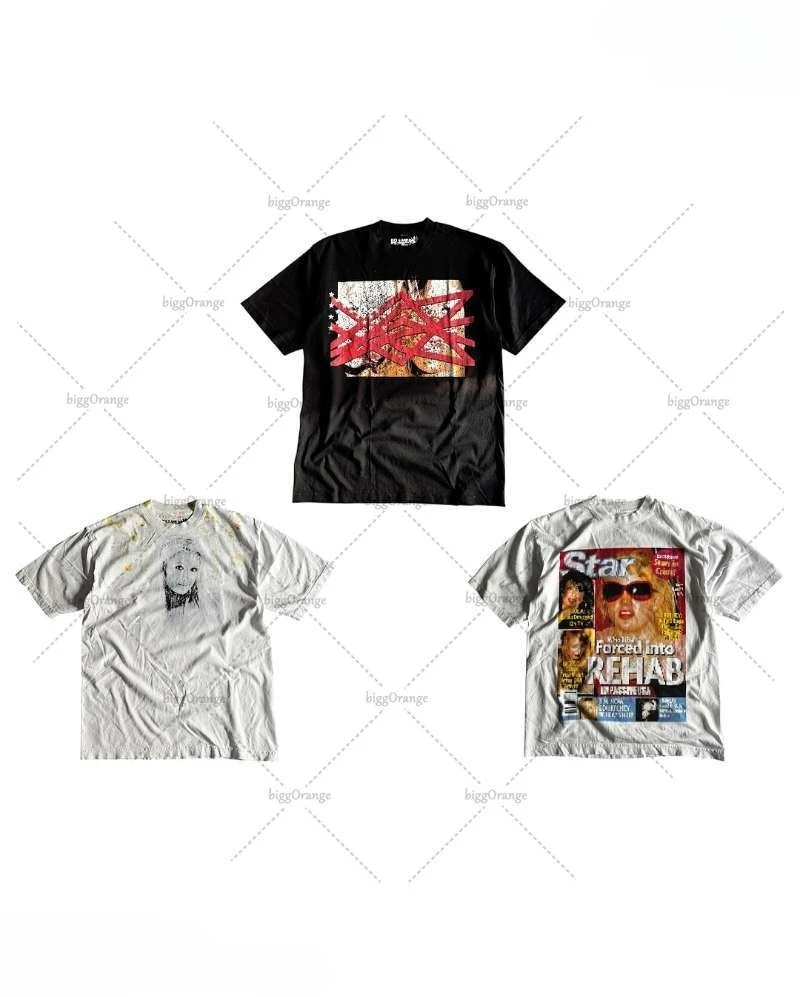 Summer Hip-hop Letter Cartoon Print Oversized Cotton Round Neck T-shirt Men Y2K Casual Trendy Streetwear Vintage Loose Top Women