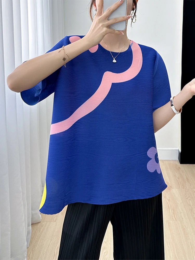 

Свободная женская футболка с коротким рукавом больших размеров с принтом, одежда для мам, весенне-летняя модная одежда, плиссированный топ в корейском стиле, roun...