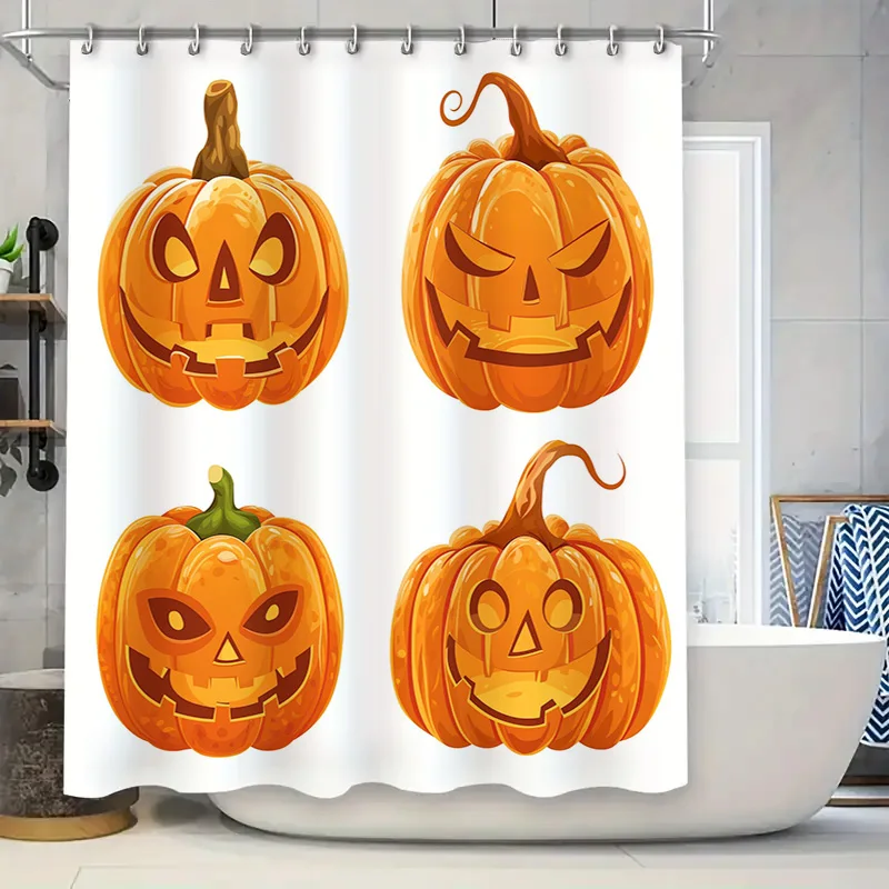 Halloween Pumpkin Shower Curtain Decor with Haunted Jack-O-Lantern Design for Bathrooms Orange Plastic Waterproof Fabric Home De