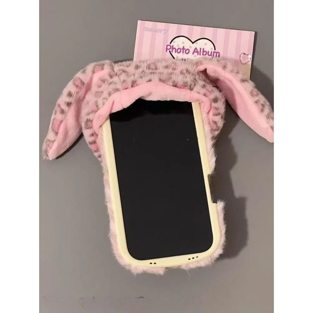 Phone Case Costom for IPhone14/15/16/17 Cute Plush Headband Protective Case Pink Leopard Print Rabbit Mobile Phone Accessories