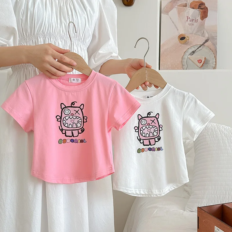 

XTY-Girl's Short-Sleeved Printed Card Flower PassTT-shirt Children's Clothing Pure Cotton Fashion Style2024Summer New Baby One P