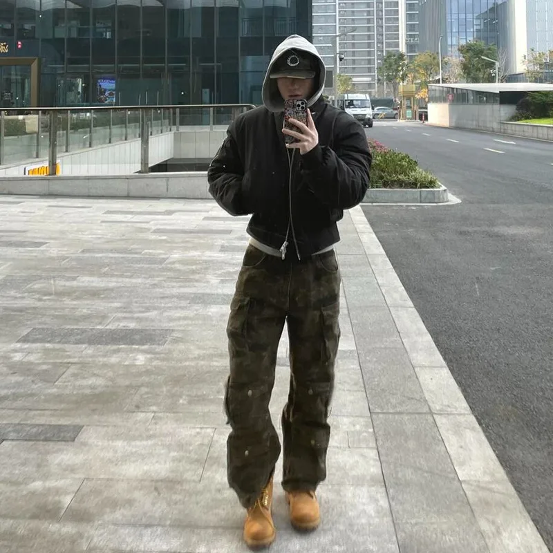 

Men's and women's four season American style multi pocket black workwear pants straight tube micro flared camouflage pants denim