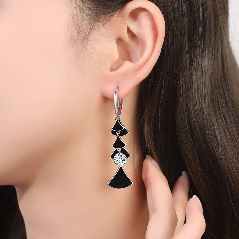 KOFSAC Personality Black Sector Tassel Long Earrings Women Glamorous 925 Sterling Silver Party Jewelry Shining Zircon Earring