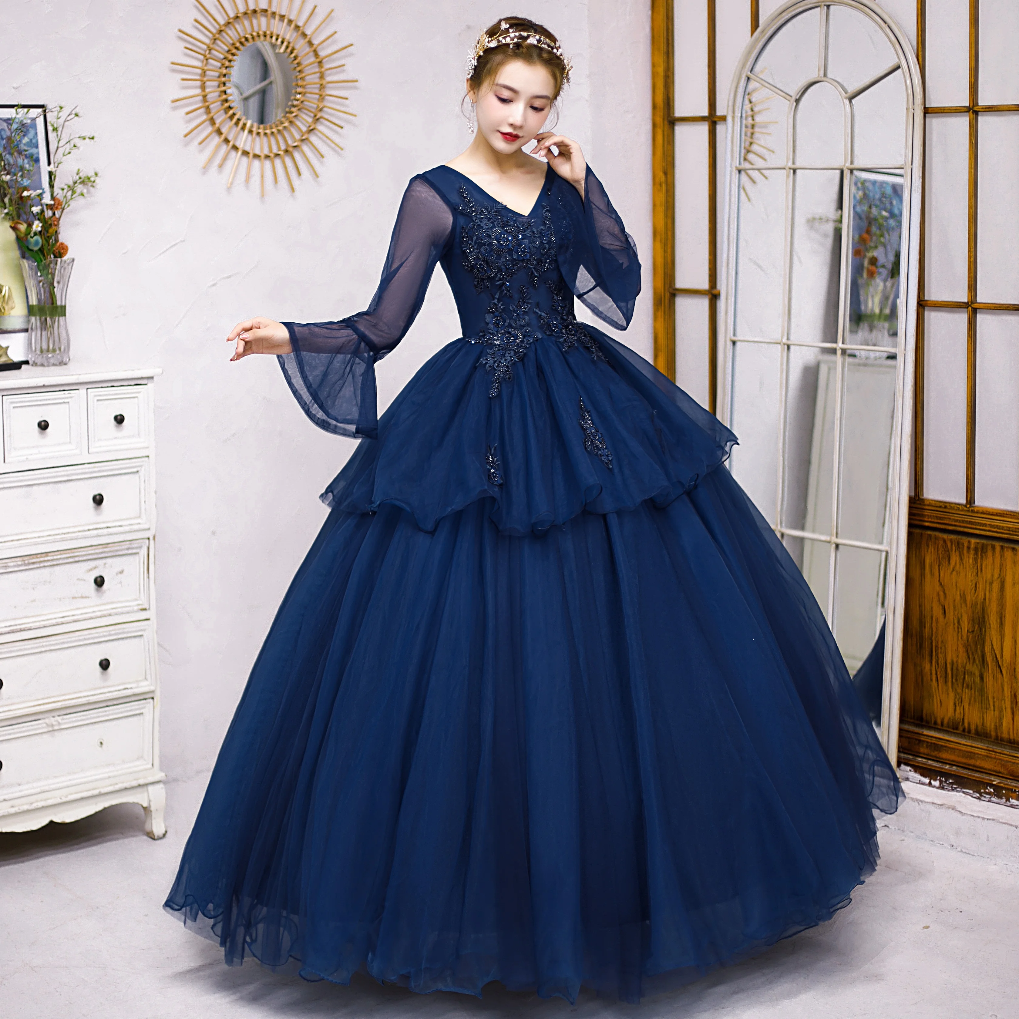 carnival venice gown navy blue embroidery wonderland cosplay medieval dress Renaissance gown queen Victoria Belle Ball