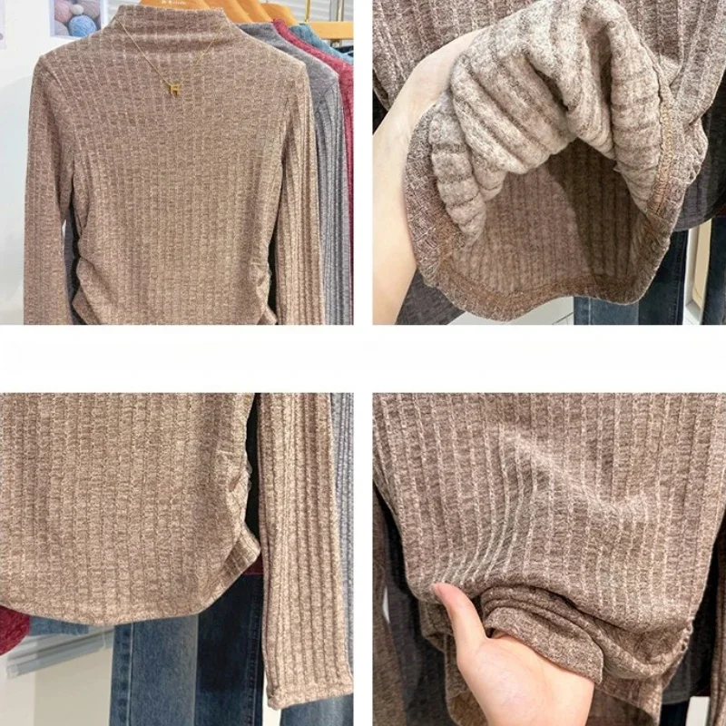 الكورية نمط بسيط قاعدة طبقة القمم الياقة المدورة صوف مبطن متماسكة طويلة الأكمام تي شيرت الخريف الشتاء بلون تنوعا تيز