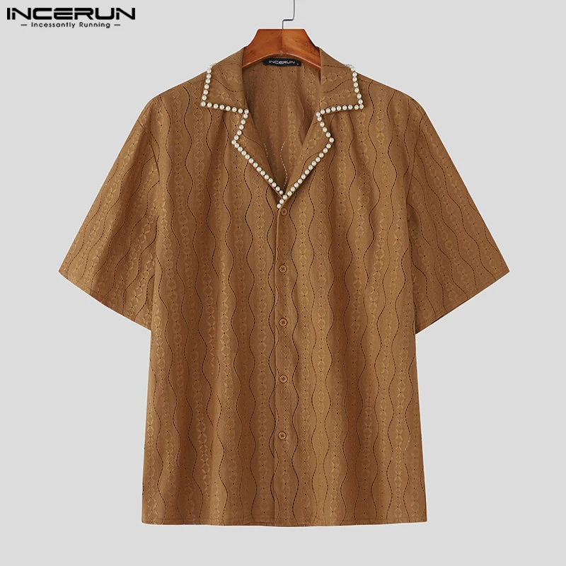 

INCERUN Men Shirt Solid Color Lapel Short Sleeve Pearls Oversize Men Clothing Summer Streetwear 2025 Fashion Casual Male Shirts