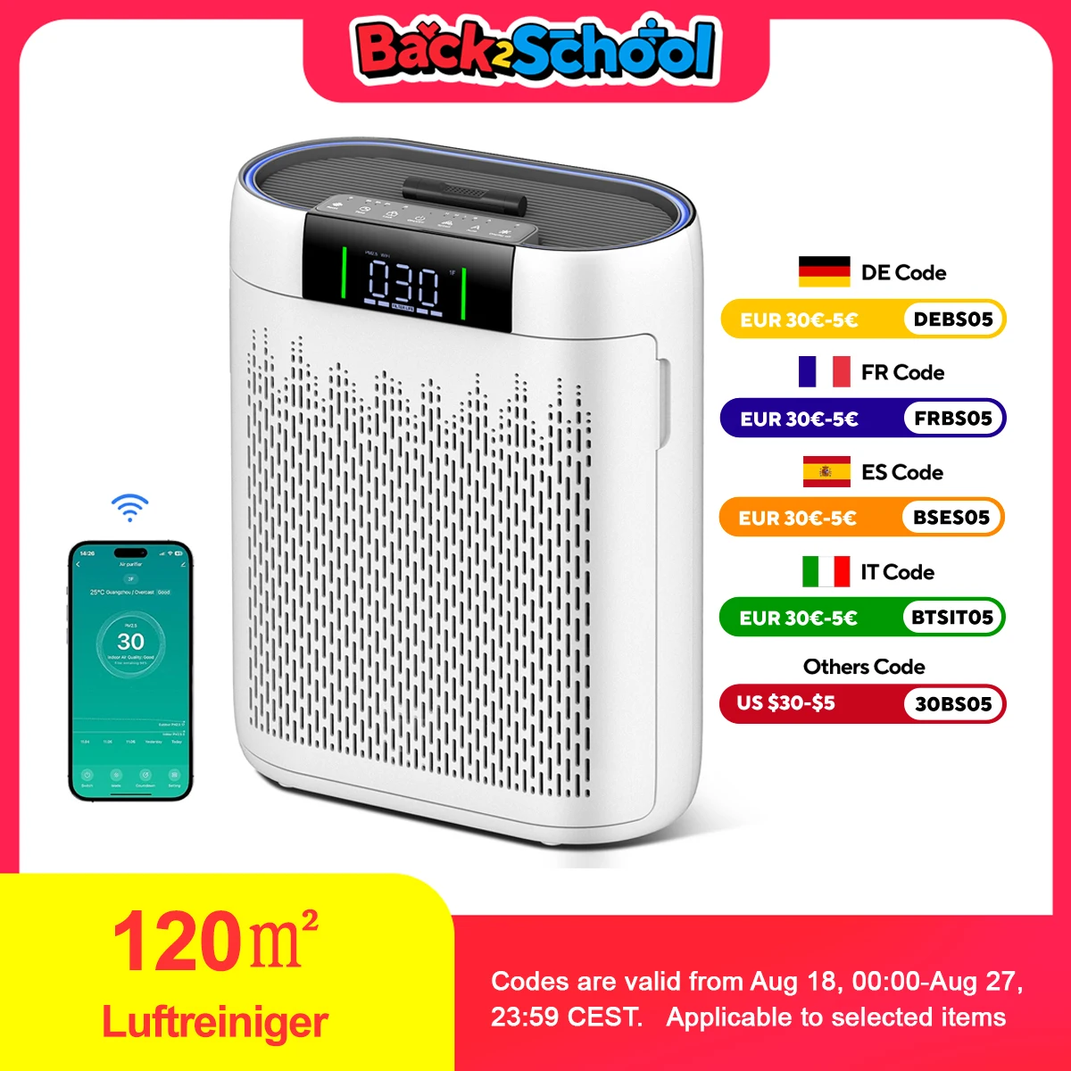 120 ㎡   Luftreiniger HEPA Negativ-Ionen-Staub Tierhaar Deodorante Zara Sterilizzazione Filtrazione Indoor Entfernung Luftreiniger APP