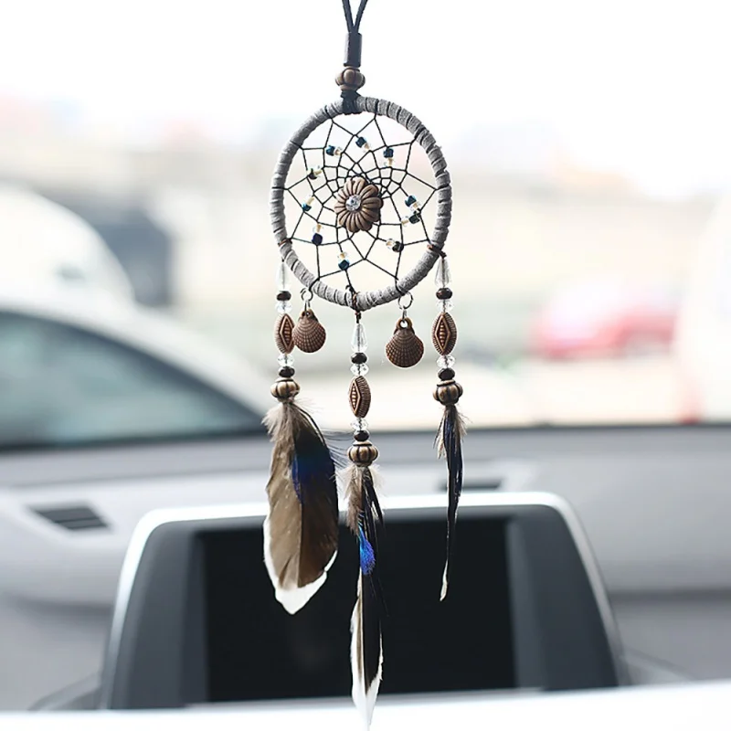 Mini Car Dream Catcher Beaded Natural Feathers Handcraft Chic Hanging Ornaments Mirror Room Bedroom Party Wedding Wall Decor