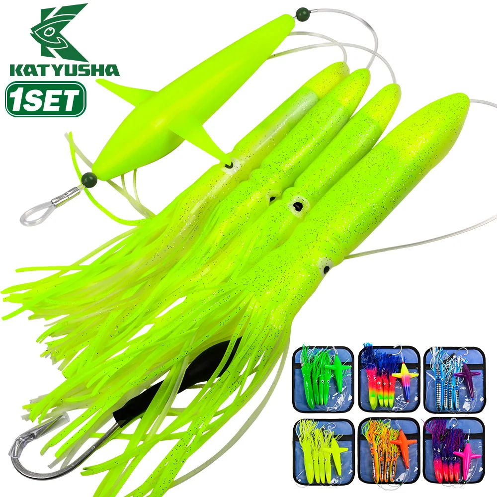 

Katyusha 13/18CM With Hook 6Color Artificial Bass Saltwater Bait Flying Fish Shaped Silicone Squid Skirt Trolling Soft Lures Set