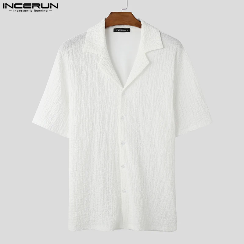 INCERUN Men Shirt Solid Color Summer Lapel Short Sleeve Casual Camisas Streetwear 2025 Fashion Leisure Men Clothing S-5XL