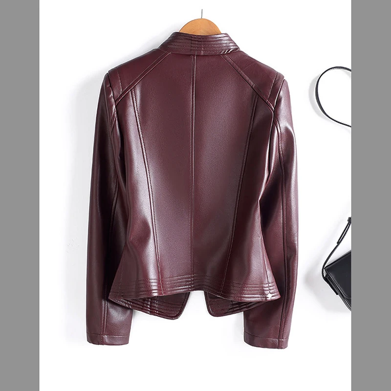 Short Stand Collar Faux Ladies Coat Spring Autumn Large Size 5XL Leather Women Jacket Korean Loose Zipper PU Leather Female Top