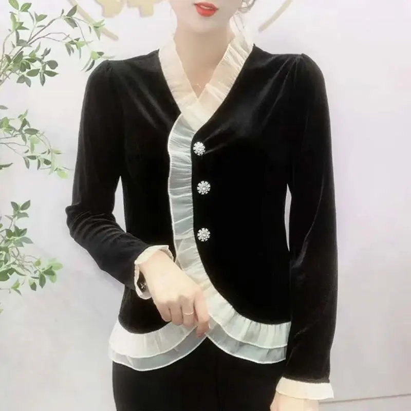 Female Clothing Elegant Ruffles Spliced Shirt Commute Solid Color Fashion Diamonds Button Spring Autumn New Casual V-Neck Blouse