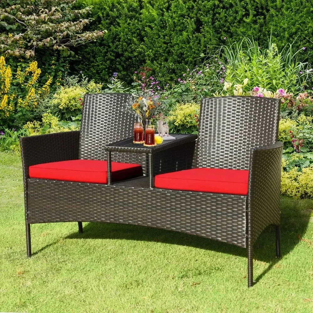 Outdoor Loveseat Patio Rattan Wicker Conversation Set with Removable Cushions, Wicker Sofa Furniture Set with Coffee Table