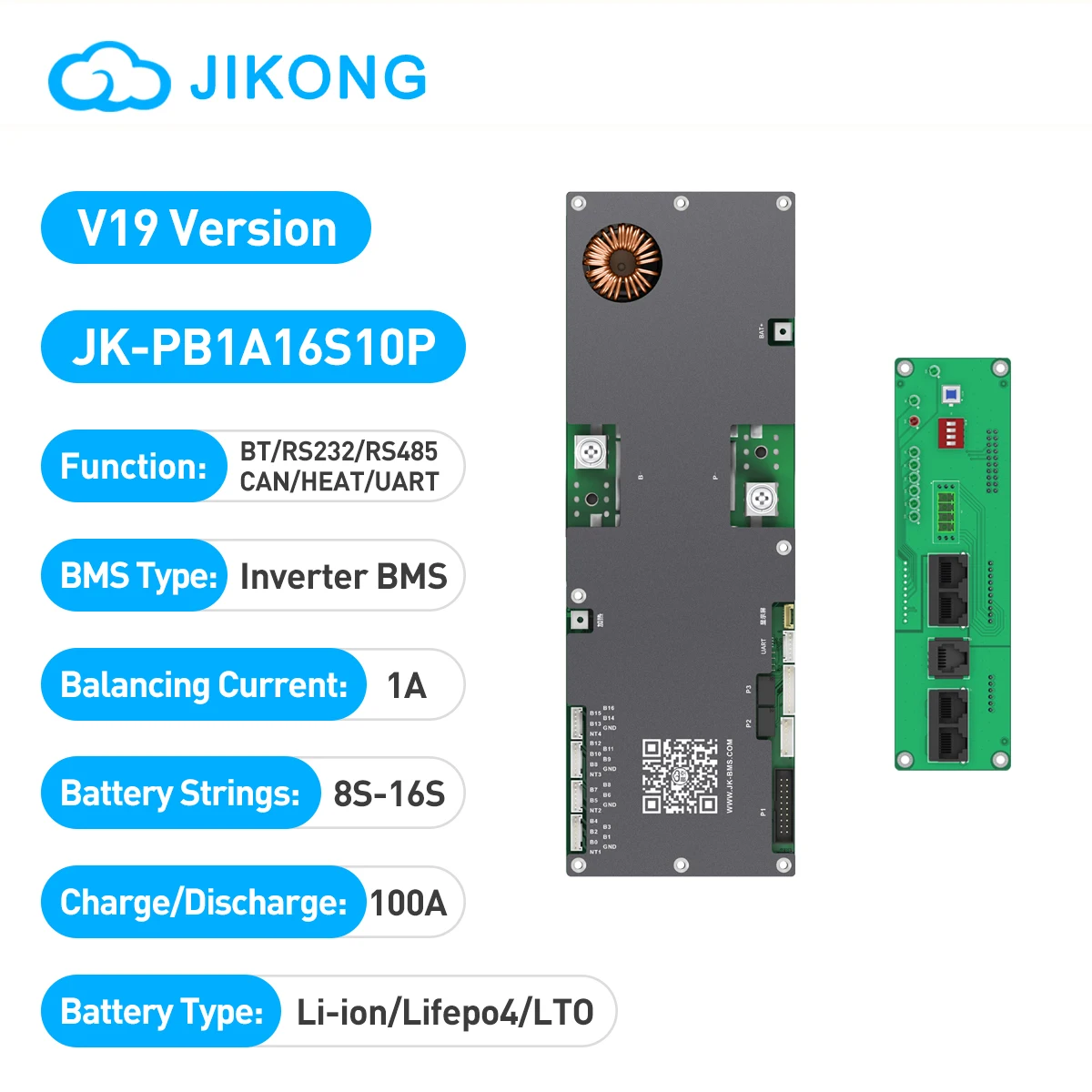 JIKONG V19 JK-PB1A16S10P Smart BMS 8S-16S 100A Li-ion/ Lifepo4/ LTO Battery Household Energy Inverter BMS Active Balancer 1A