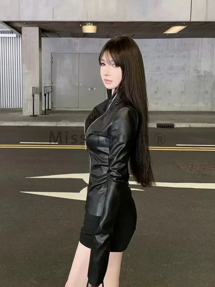 Y2k Aesthetic Streetwear Solid PU Jackets Women Fashion Zipper Slim Fit Cropped Coats Harajuku Casual Black Punk Mujer Chaqueta