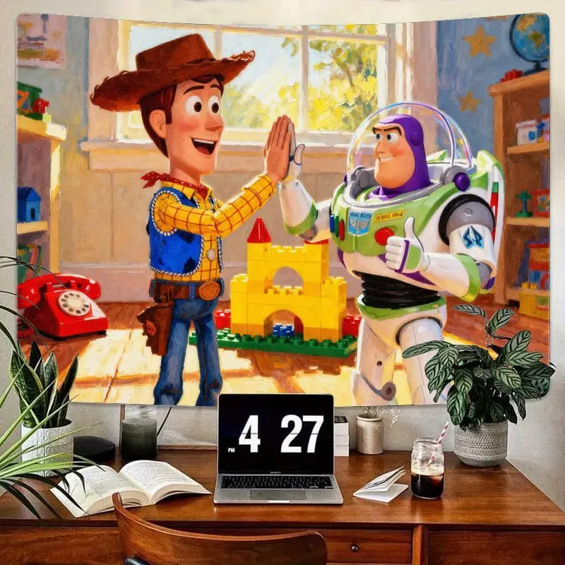 

1PC Toy Story Woody & Buzz Lightyear Friendship Tapestry, Vibrant Cartoon Wall Art, Polyester Kids Bedroom Decor Gift for Fans