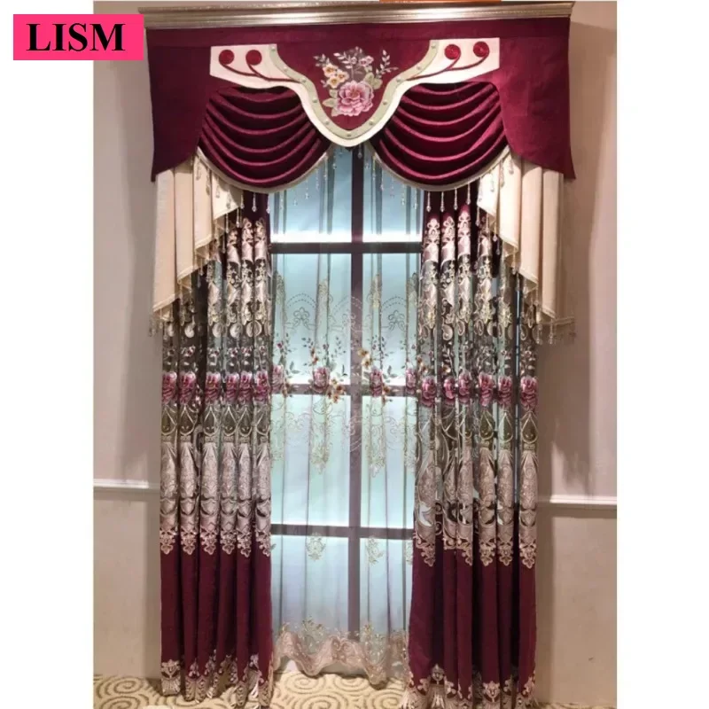 European Luxury Red Hollow Embroidered Chenille Curtains for Living Room Bedroom Dining Tulle Valance Window Blackout Custom New