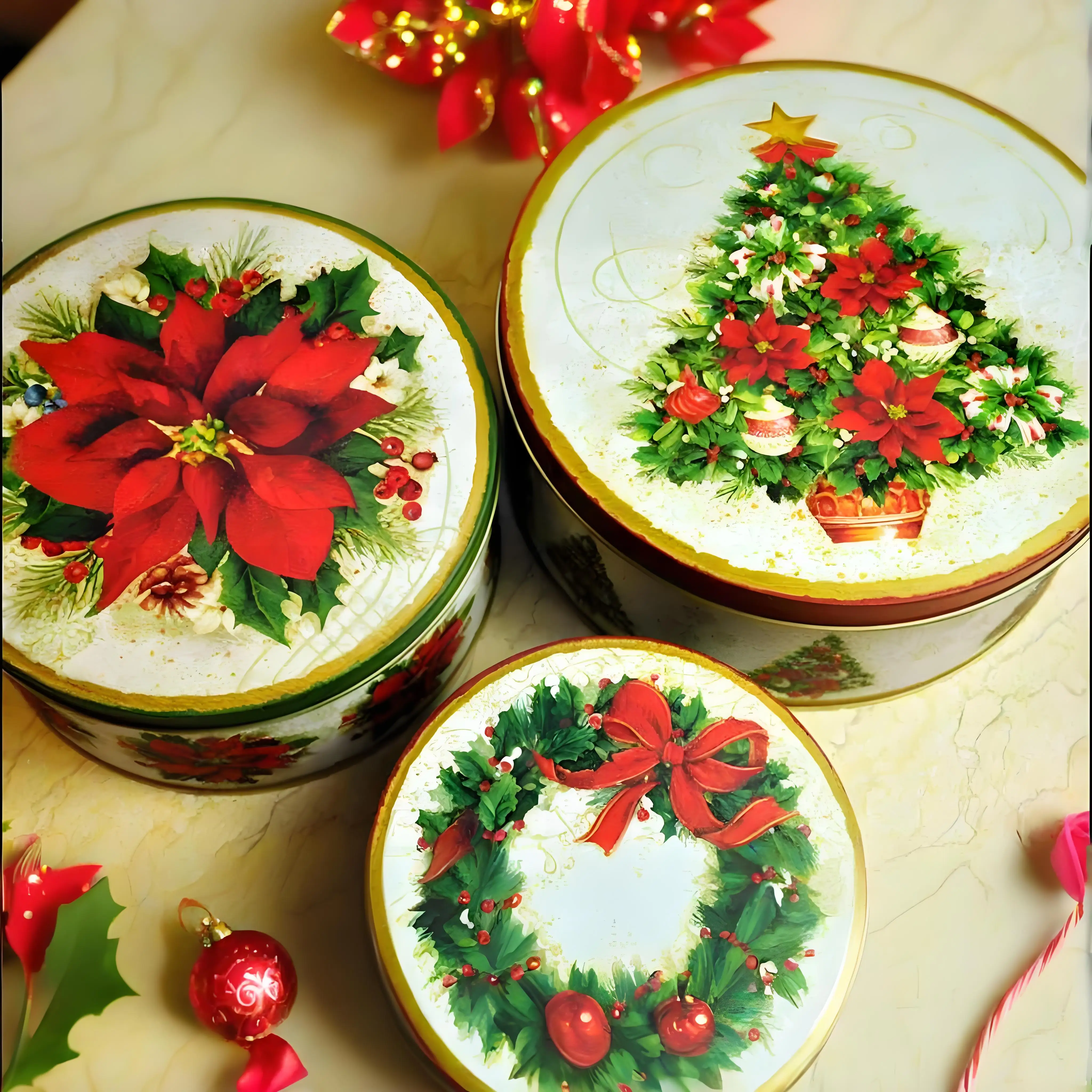 

Clearance 3PCS/set Metal Christmas tree packing box, wreath round storage box , cookies gift box,florist packing flower Iron box