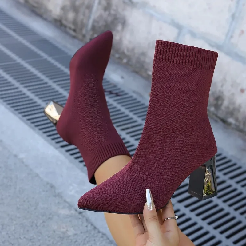 Women's Fashion Ankle Boots Autumn Pointy Solid Color Stretch Knitted Sock Boots Women Chunky Slip on Plus Size Shoes for Women