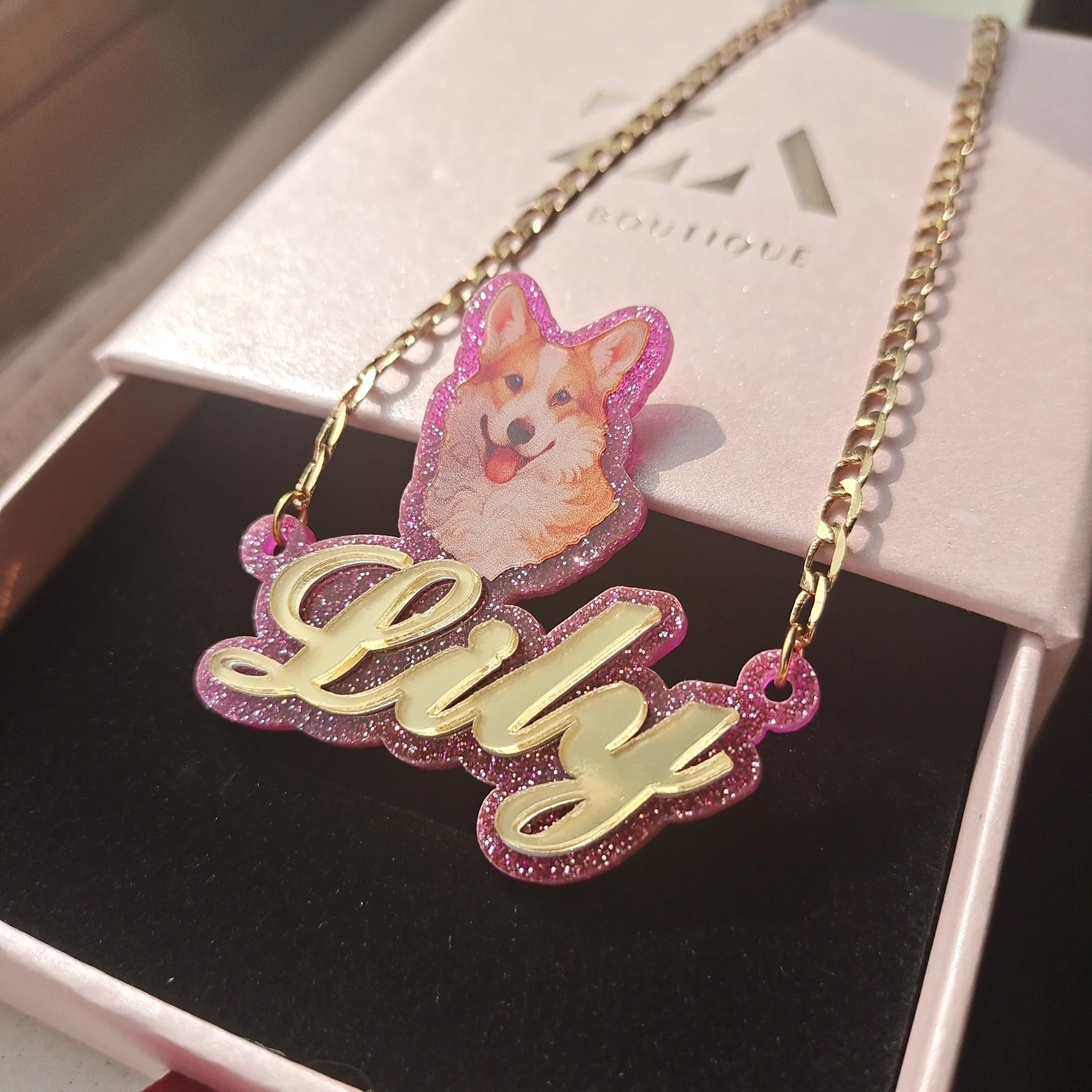 Dog Pet Cartoon Name Necklace Custom Name Acrylic Logo Pendant Personalized Mirror Gold Nameplate Jewelry Birthday Fun Gift