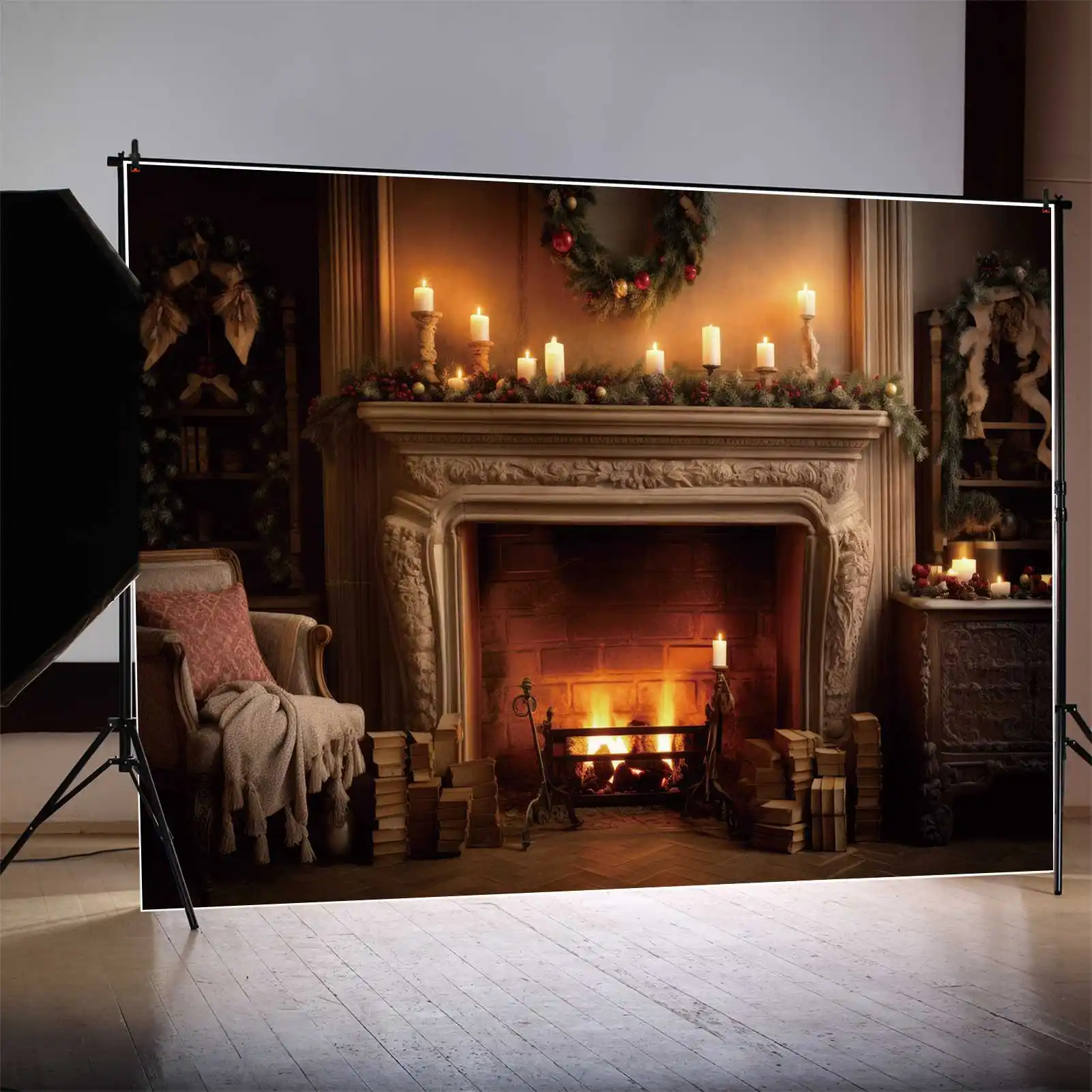 MOON.QG sfondo neve castello di natale finestra parete sfondo inverno compleanno soggiorno luci a candela Home Studio Photo Booth