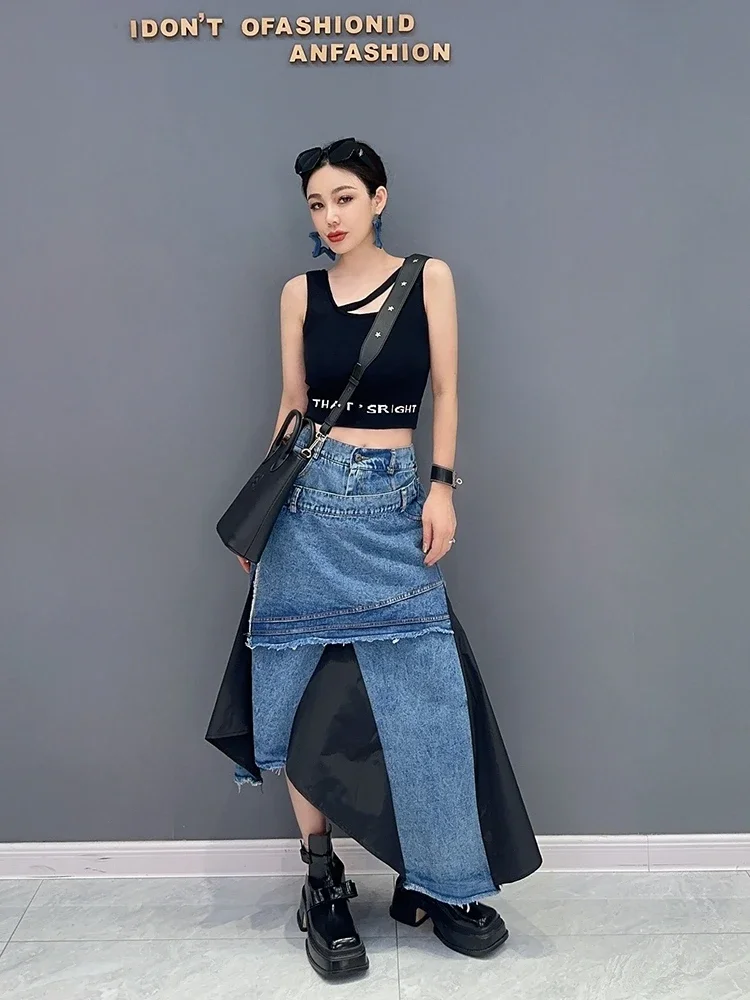 2024 Summer New Korean Fashion Elegant Leisure Denim Stitching Irregular Model Skirt High Waist Slim Streetwear Women's Skirt