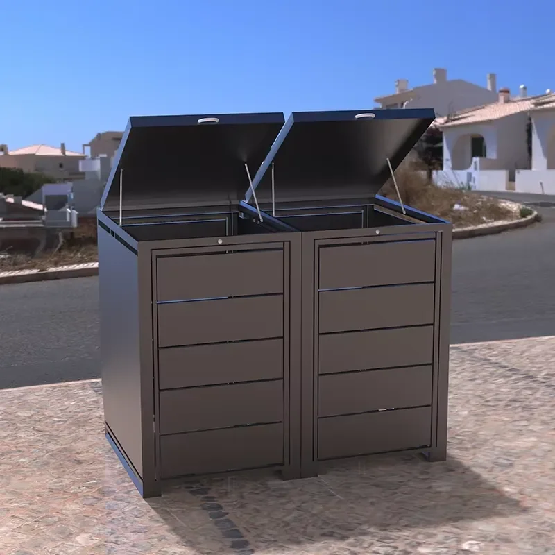 Customized 240L Galvanized Sheet Storage Bin Outdoor Trash Can with Hydraulic Rod Built-in Structural Cabin Roof