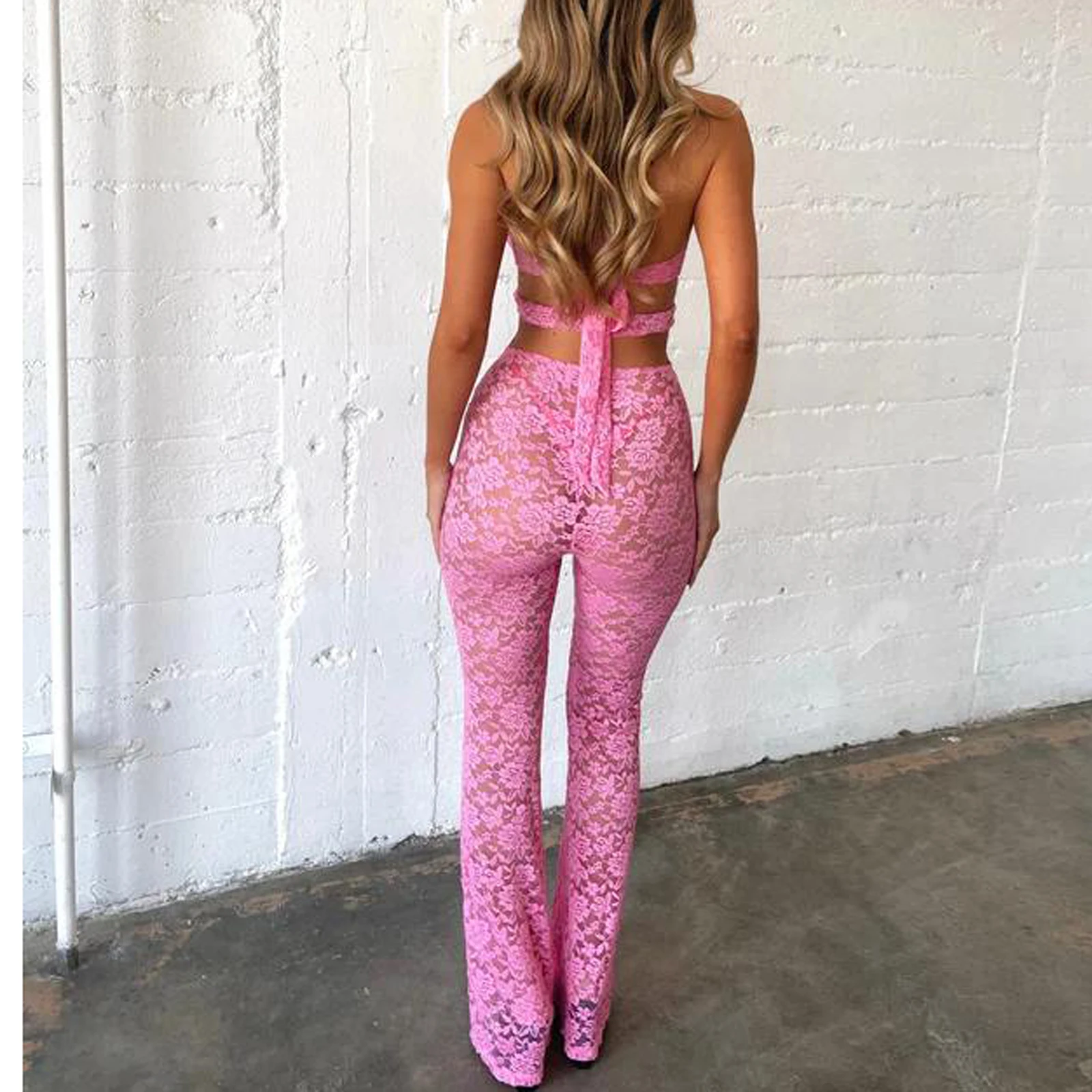 Hirigin Vrouwen Sexy Doorzichtig Lange Broek Jumpsuit Chique Diepe V-Hals Gebloemde Kanten Romper Uitgesneden Mesh Outfits Playsuit Streetwear