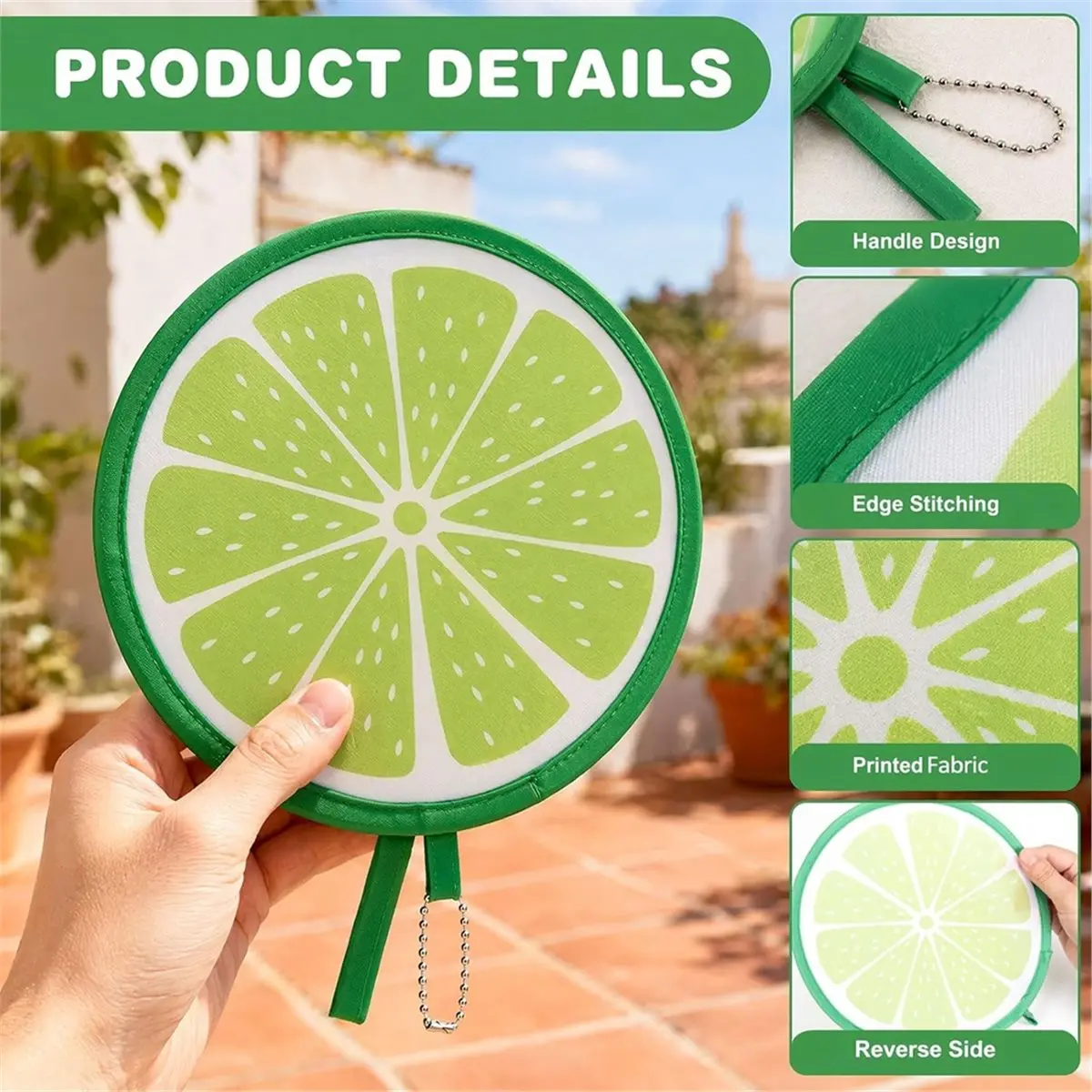 New Tool Folding Hand Fan Fruit Print Round Pocket Fan for Summer Beach Travel Festival Party Outdoor Decoration Handheld Fan
