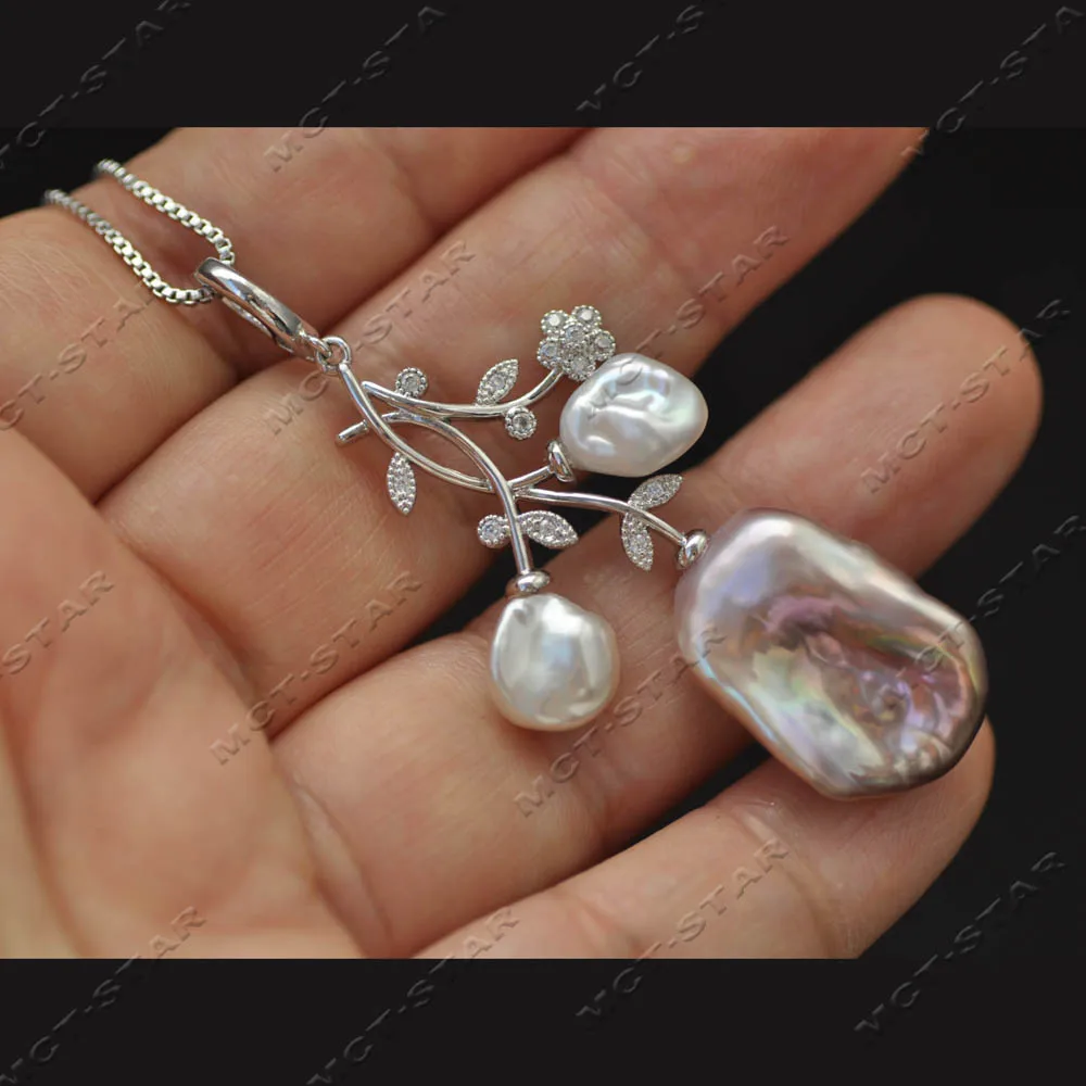 

Z14384 "A Rose" 55mm Natural White Lavender Keshi Lamellar Pearl CZ Pendant Chain
