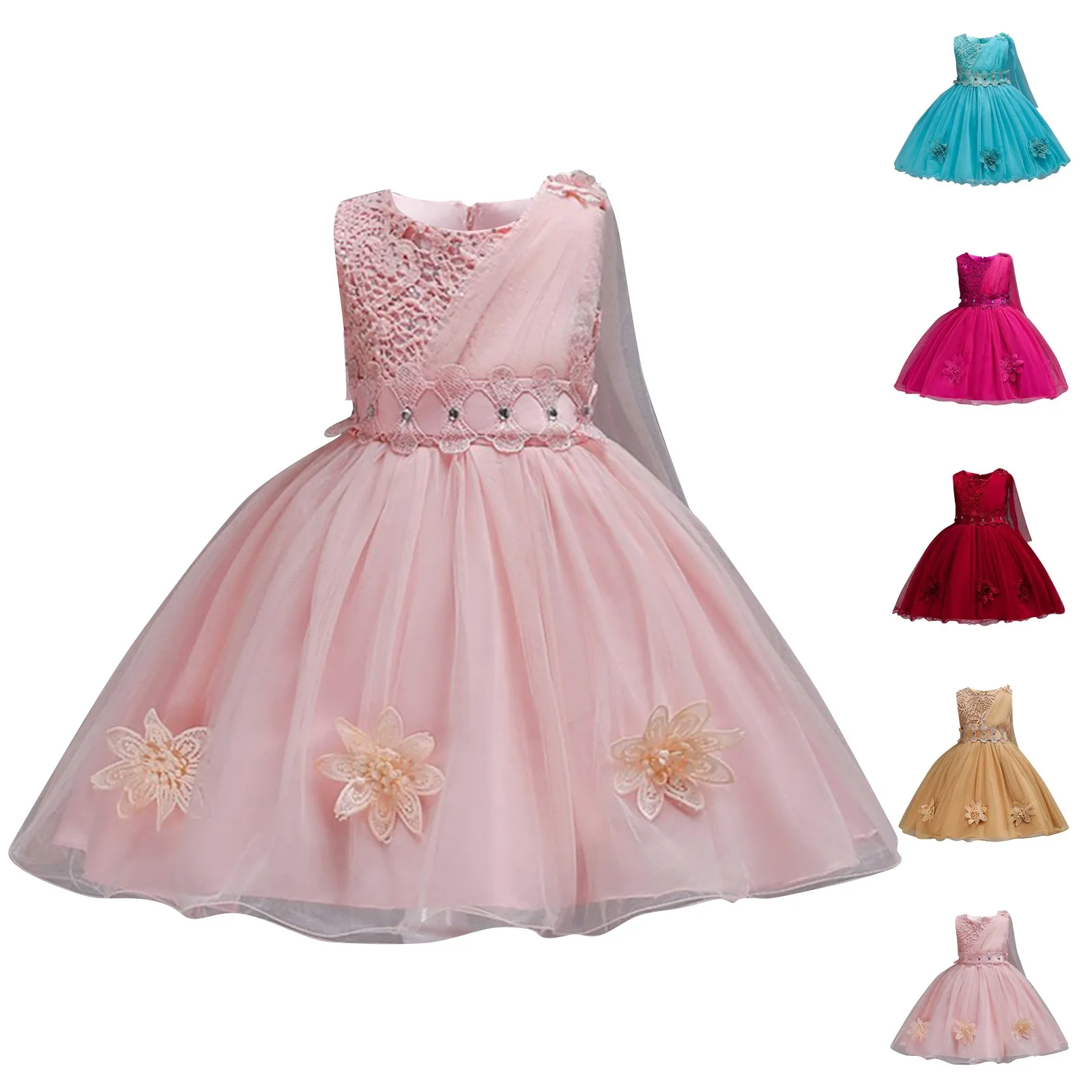 Appliques Kids Embroidered Bead Party Events Dress Girls Christmas Dress Elegant Princess Gown For Girls Wedding Dress Flower