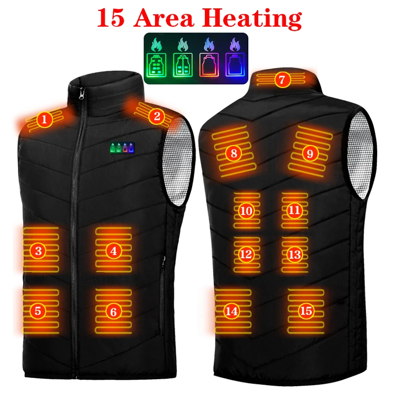 Men Women USB Heated Jacket Heating Vest 15 Areas Heated Vest Oversized S-6XL Winter Electric Heated Vest Outdoor Sports Hiking