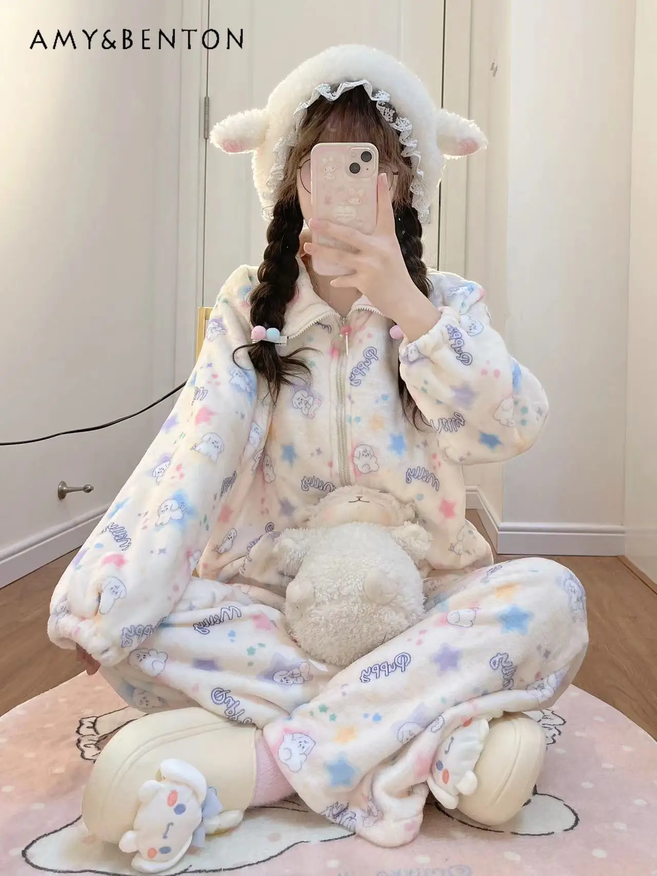 

2025 Winter Thickened Double-Sided Flannel Outerwear Casual Cute Star Warm Homewear Turn-Down Collar Zipper Pajama Set