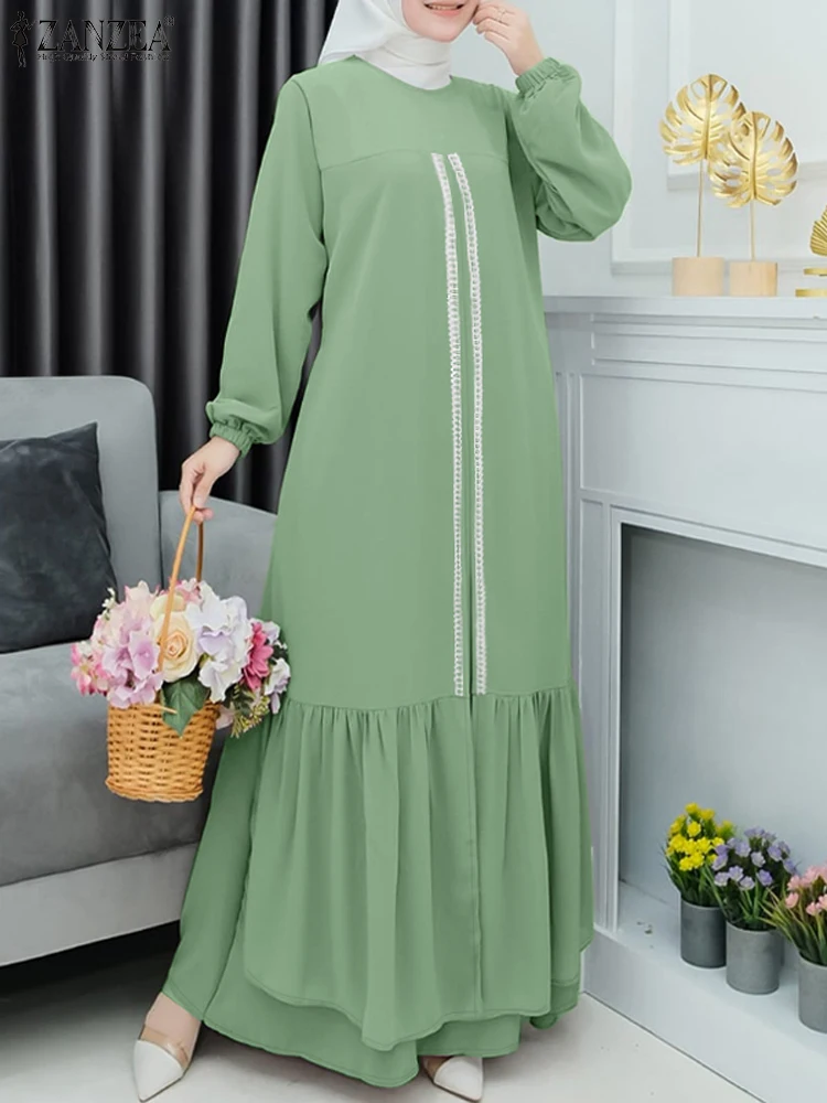 Jesień Eleganckie sukienki z falbankami ZANZEA Muslim Turkey Abaya Hidżab Sundress Robe Femme Długi rękaw Loose Vestidos Kaftan 2024