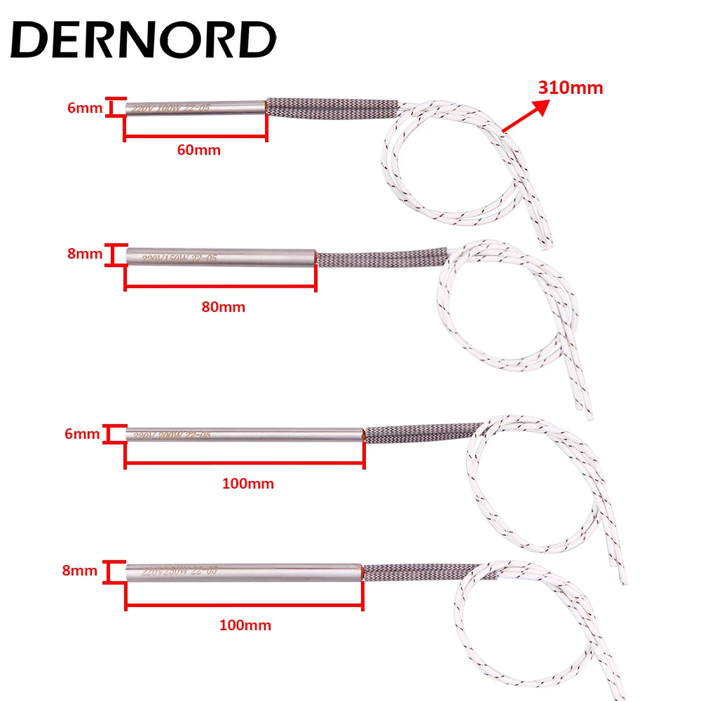 Dernord 220v Ignition Igniter Cartridge Heater for Pellet Grill 6*60mm/100mm 8*80mm/100mm Wood Pellet Stove 100w/150w/200w/250w