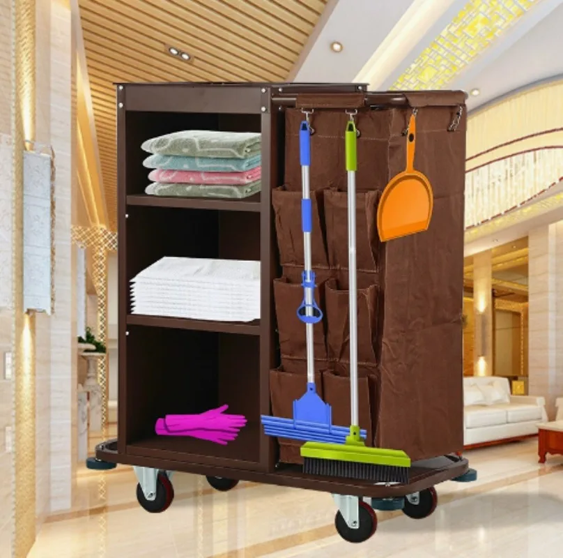 Multi‑Purpose Hotel Hand‑Push Housekeeping Linen Cleaning Trolley, Equipped with Fabric Storage Bag, Sanitation Service Cart