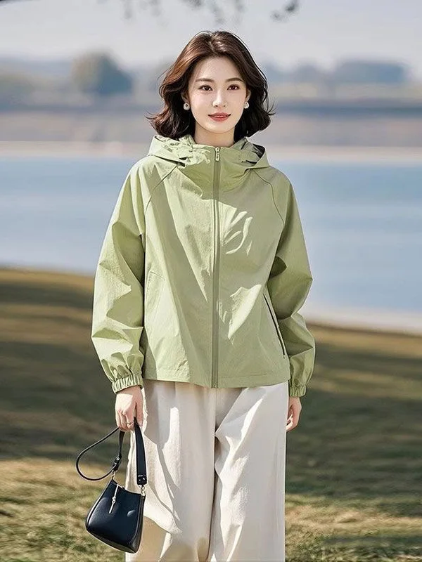 Spring Summer Women's Short Hooded Jacket Versatile High-End Feeling Anti-Aging Trendy Korean Style Loose Fit Zipper Closure