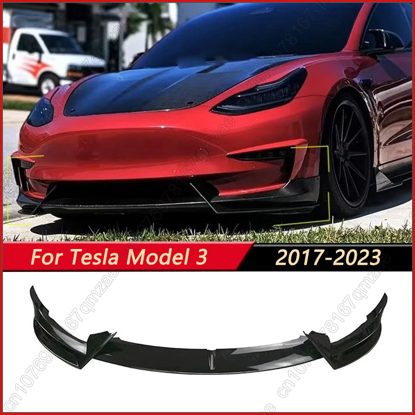 

Front Bumper Lip For Tesla Model 3 2017-2023 Diffuser Splitter Spoiler Accessories Glossy Black Carbon Fiber Look Body Kits