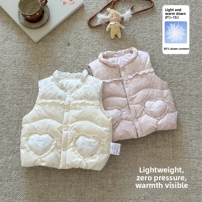 2026 New Girls' Light Down Vest For Autumn and Winter Warm and Floral Patchwork Vest Jacket for Infants and Young Children